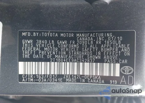 2010 Toyota Corolla S/Le/Xle from USA, damaged, VIN 2T1BU4EE9AC342837